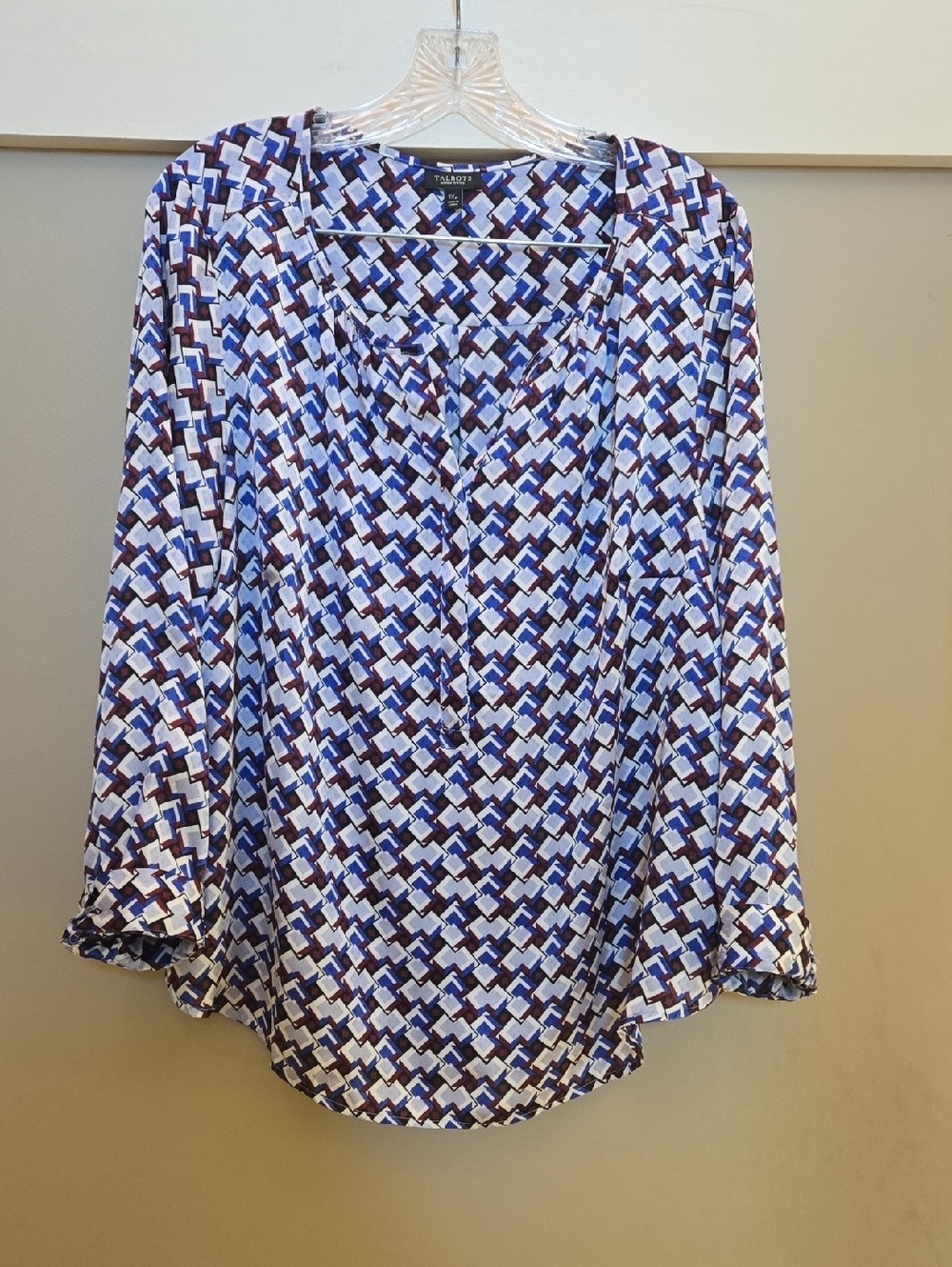 Talbots Blue, Gray, Maroon, and White Geometric Blouse